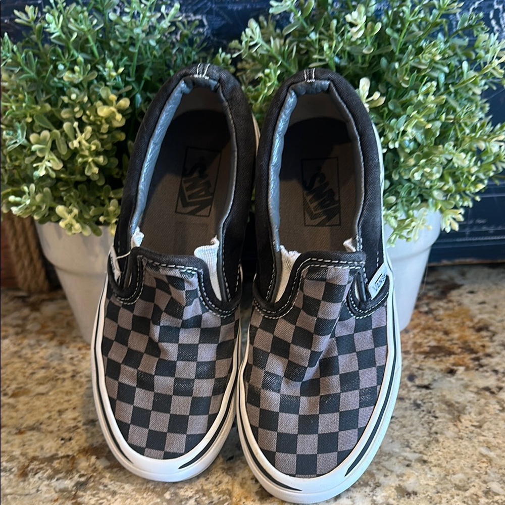 Vans Kids Black and Gray Checkered Slip-On Sneakers